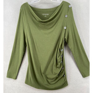 SOFT SURROUNDINGS Shirt Womens Sz L Lime Green Long Sleeve Button Side Cowl Neck